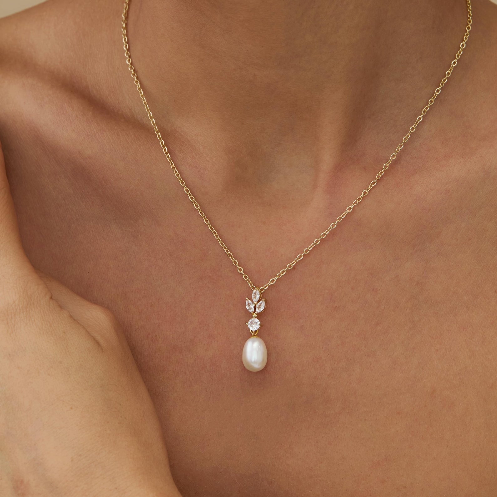 Diamond Leaf & Freshwater Pearl Drop Necklace – Timeless Bridal Elegance - Gift for her