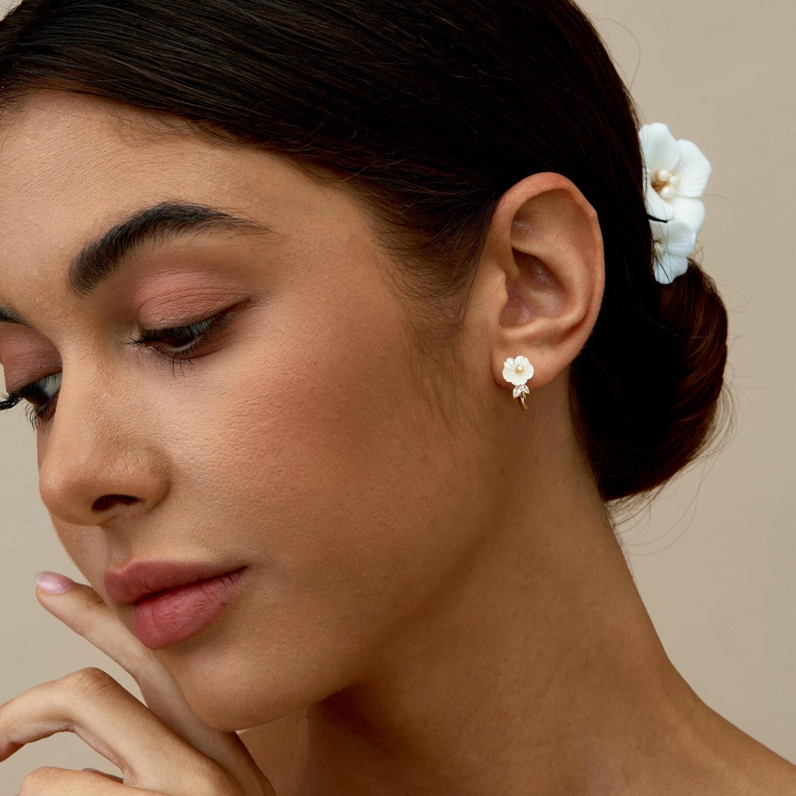 Mother of Pearl Flower Hoop Earrings - Dainty Floral Pearl Huggies - Gift for her