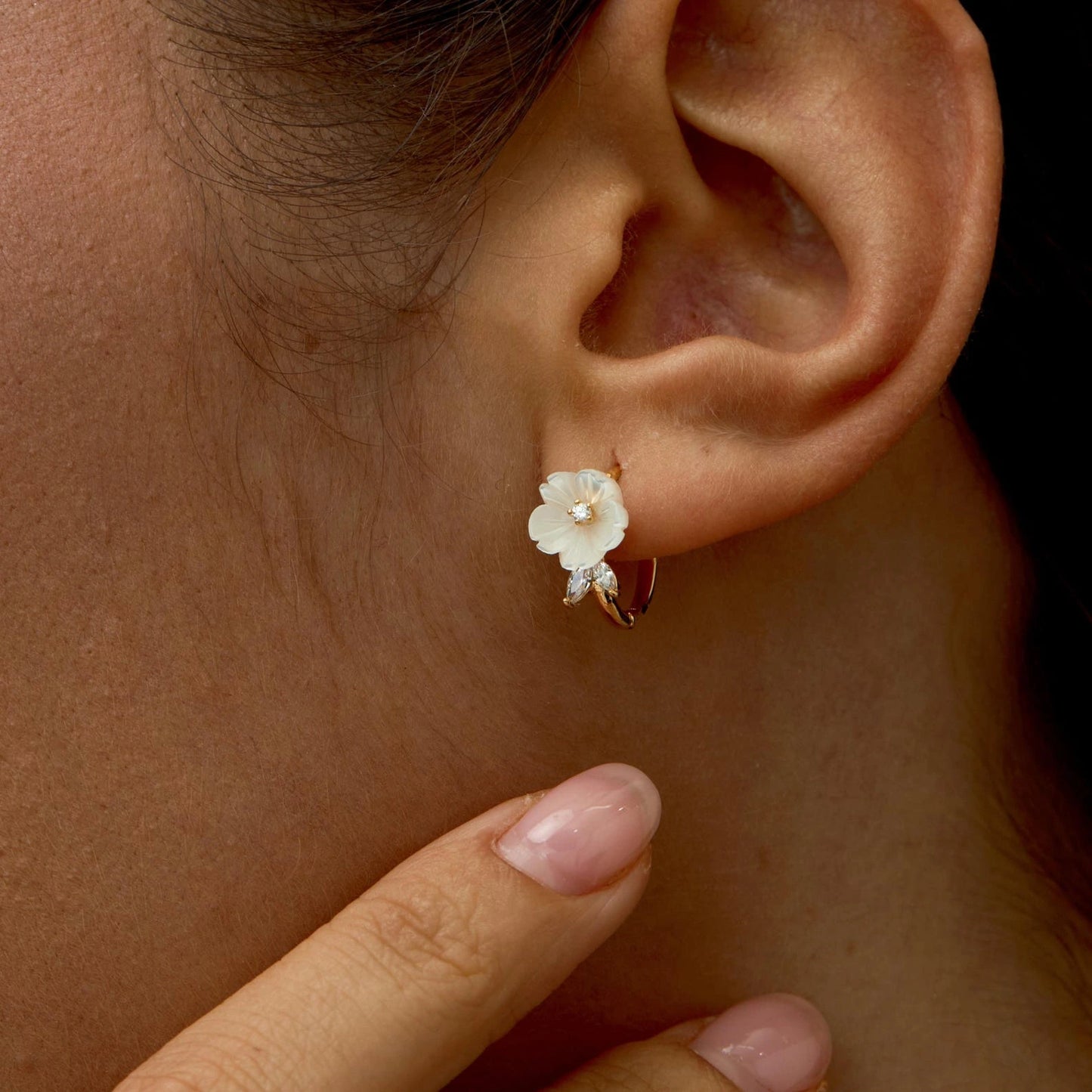Mother of Pearl Flower Hoop Earrings - Dainty Floral Pearl Huggies - Gift for her