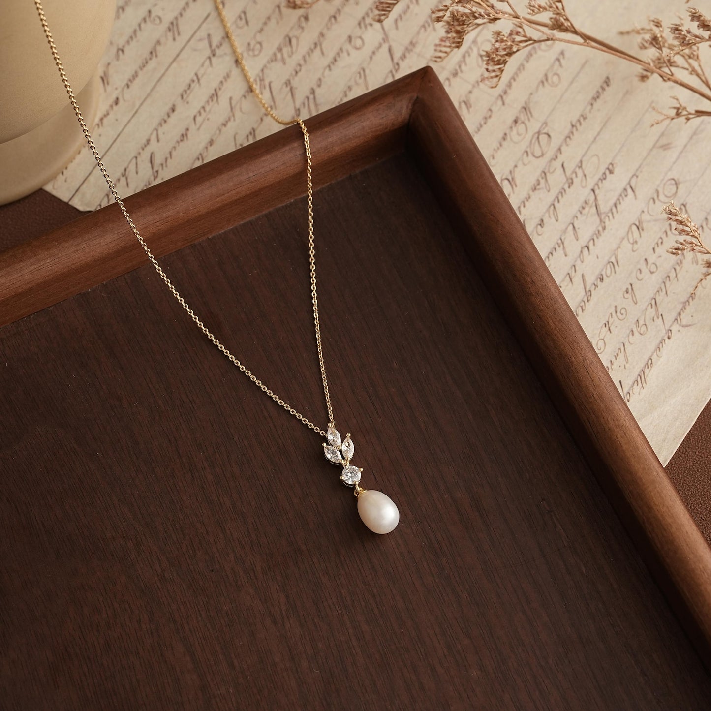 Diamond Leaf & Freshwater Pearl Drop Necklace – Timeless Bridal Elegance - Gift for her