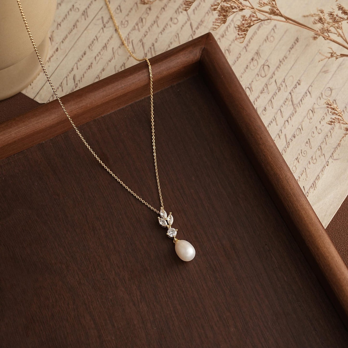Diamond Leaf & Freshwater Pearl Drop Necklace – Timeless Bridal Elegance - Gift for her