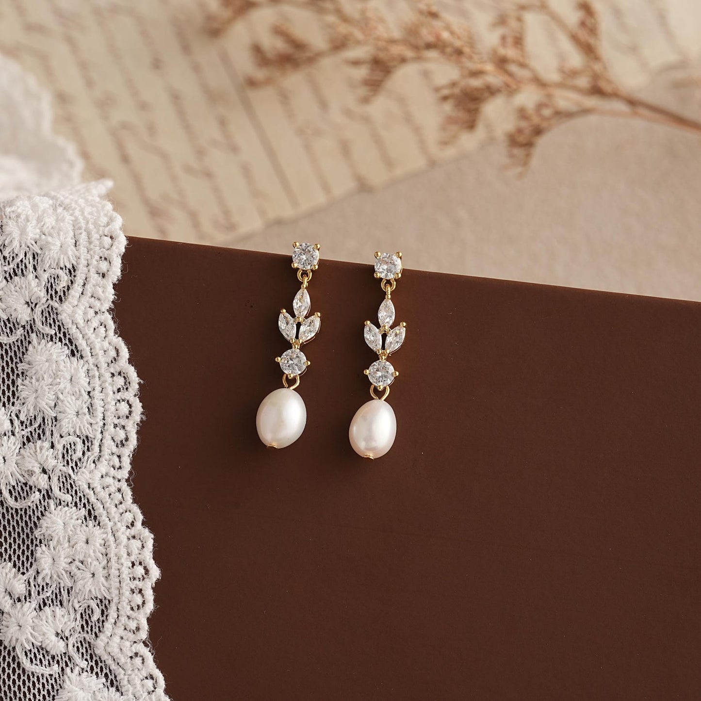 Crystal Leaf & Freshwater Pearl Drop Earrings – Bridal & Special Occasion Elegance - Gift for her