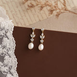 Crystal Leaf & Freshwater Pearl Drop Earrings – Bridal & Special Occasion Elegance - Gift for her