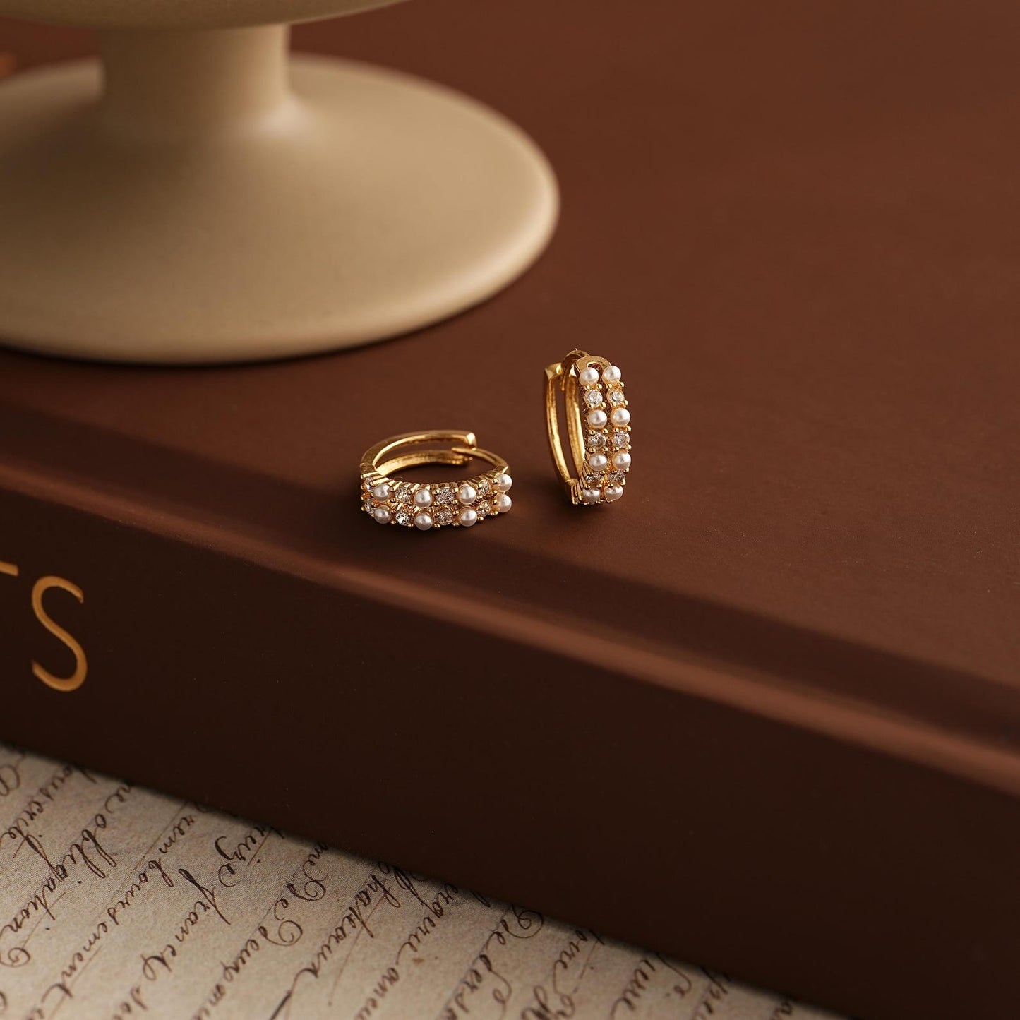 Gold Pearl & Diamond Huggie Hoops – Elegant Minimalist Statement - Gift for her