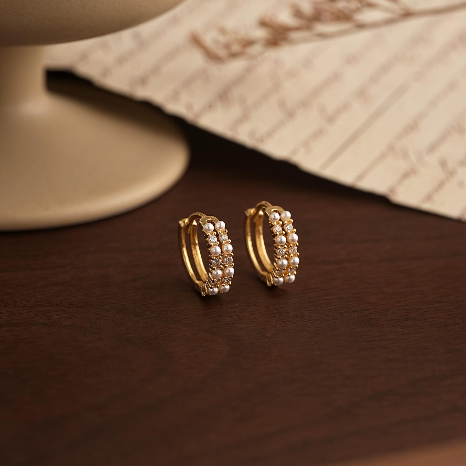 Gold Pearl & Diamond Huggie Hoops – Elegant Minimalist Statement - Gift for her