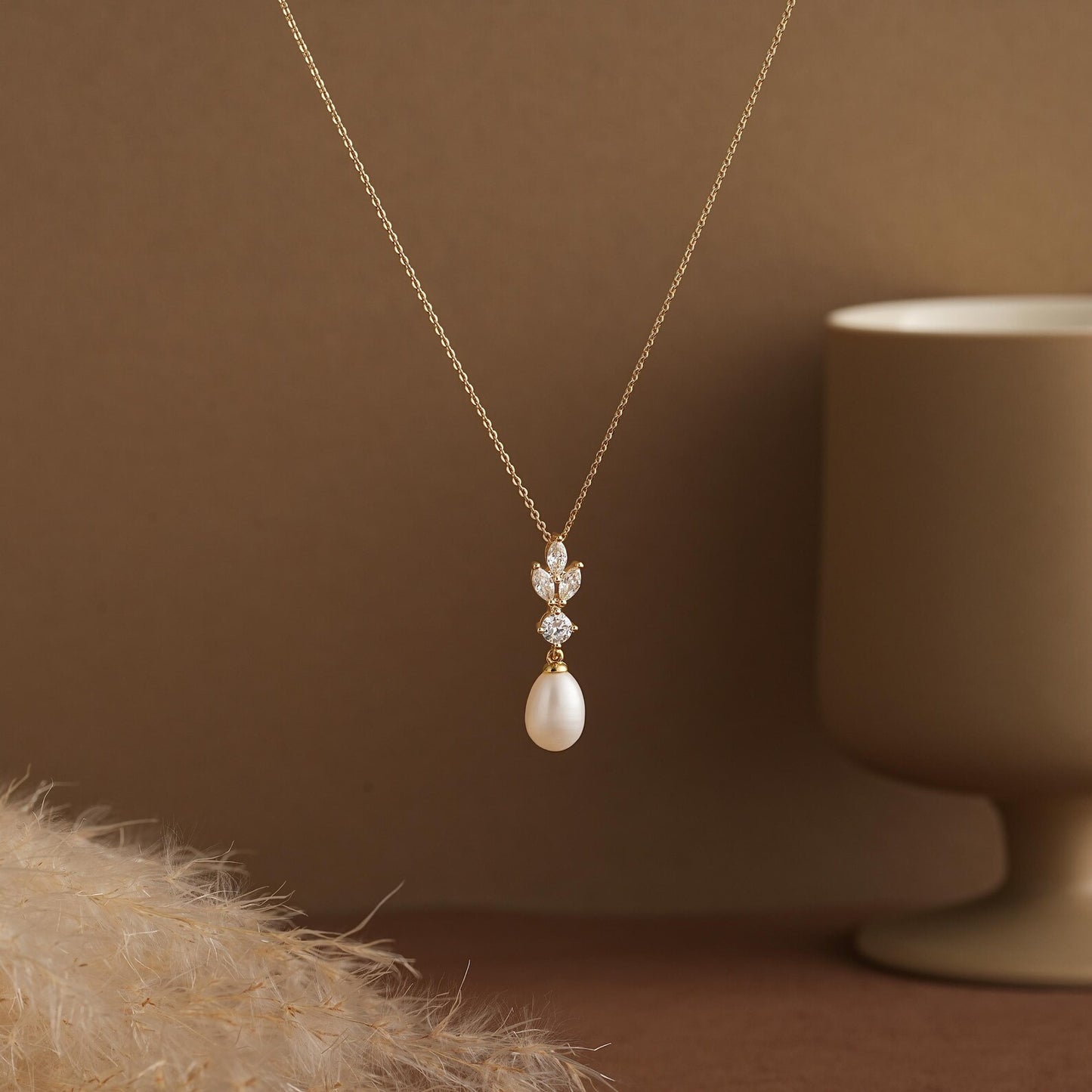 Diamond Leaf & Freshwater Pearl Drop Necklace – Timeless Bridal Elegance - Gift for her