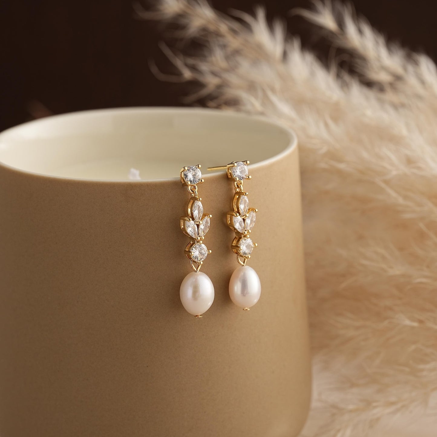 Crystal Leaf & Freshwater Pearl Drop Earrings – Bridal & Special Occasion Elegance - Gift for her