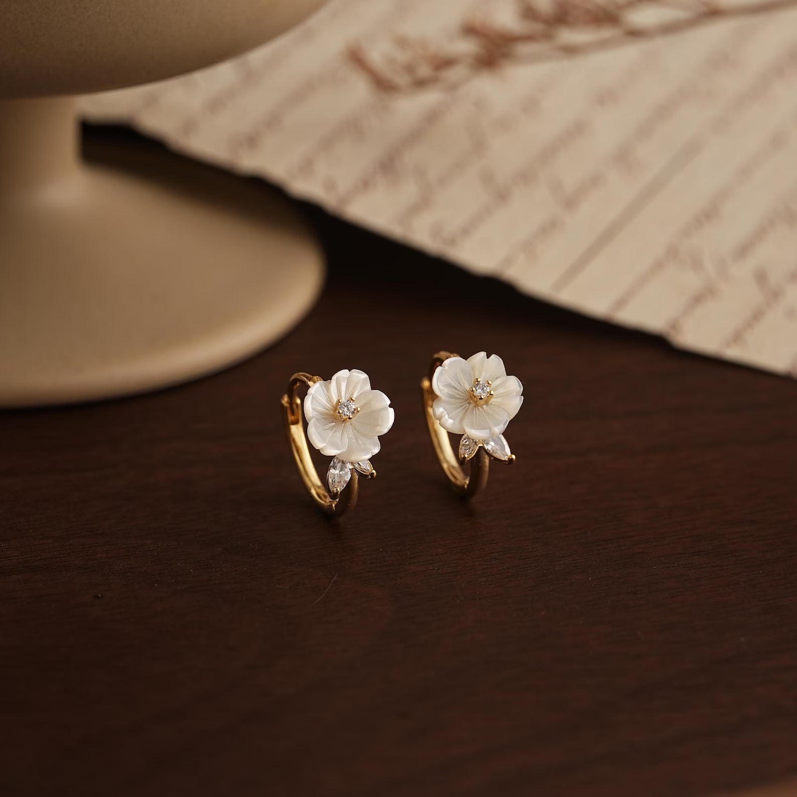 Mother of Pearl Flower Hoop Earrings - Dainty Floral Pearl Huggies - Gift for her