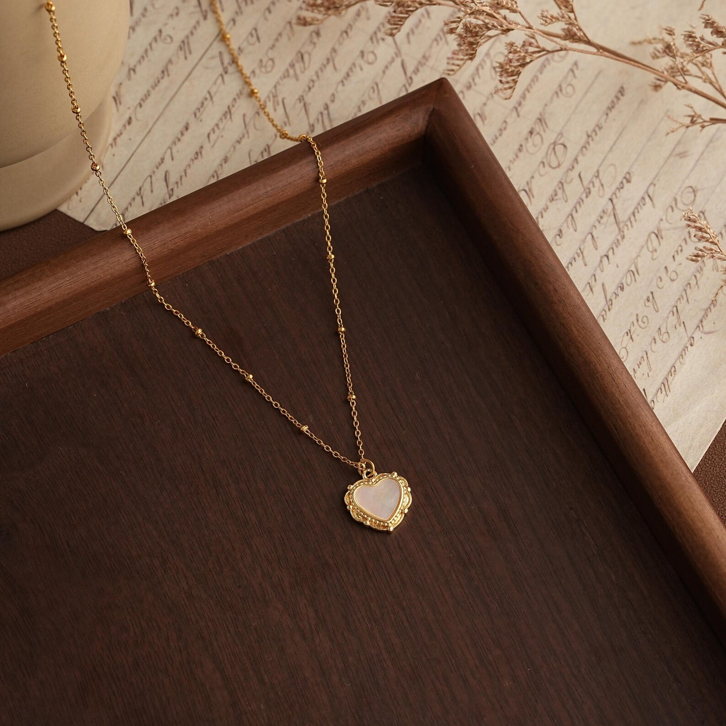 Natural Mother of Pearl Heart Pendant Necklace – Romantic & Vintage-Inspired - Gift for her