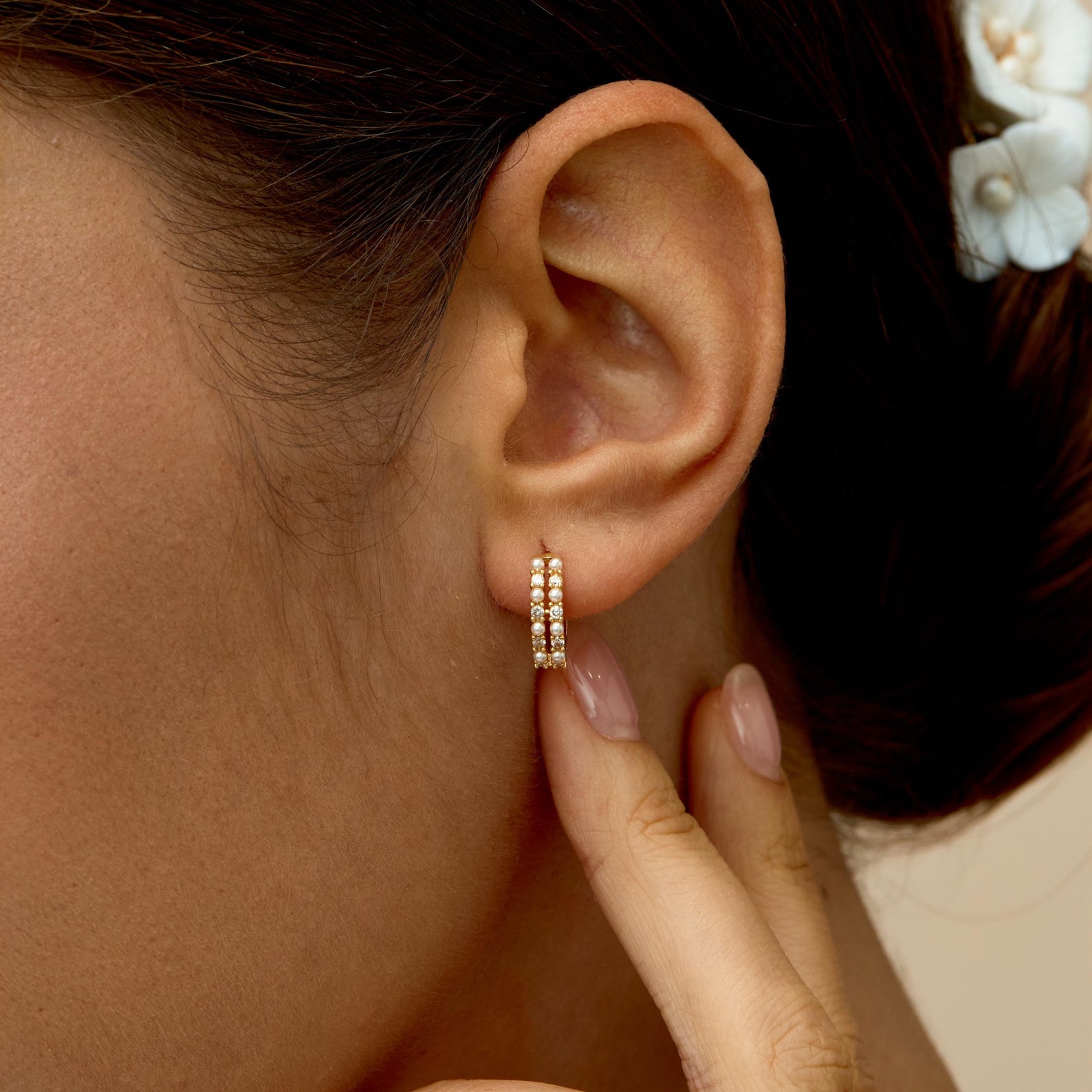 Gold Pearl & Diamond Huggie Hoops – Elegant Minimalist Statement - Gift for her